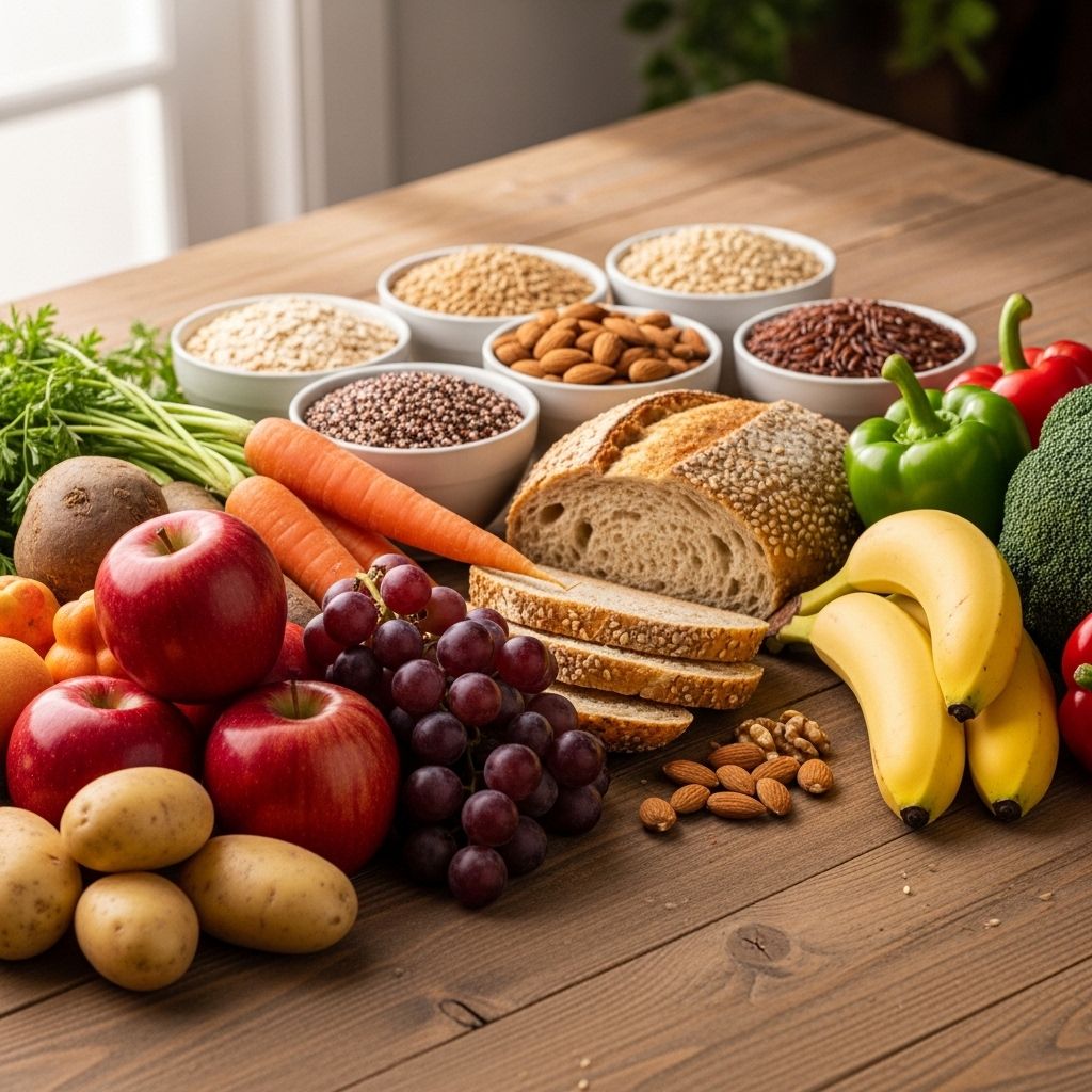 Varierat utbud av färska frukter, grönsaker och fullkornsprodukter på ett träbord i naturligt ljus — symbol för balanserad kost och välbefinnande