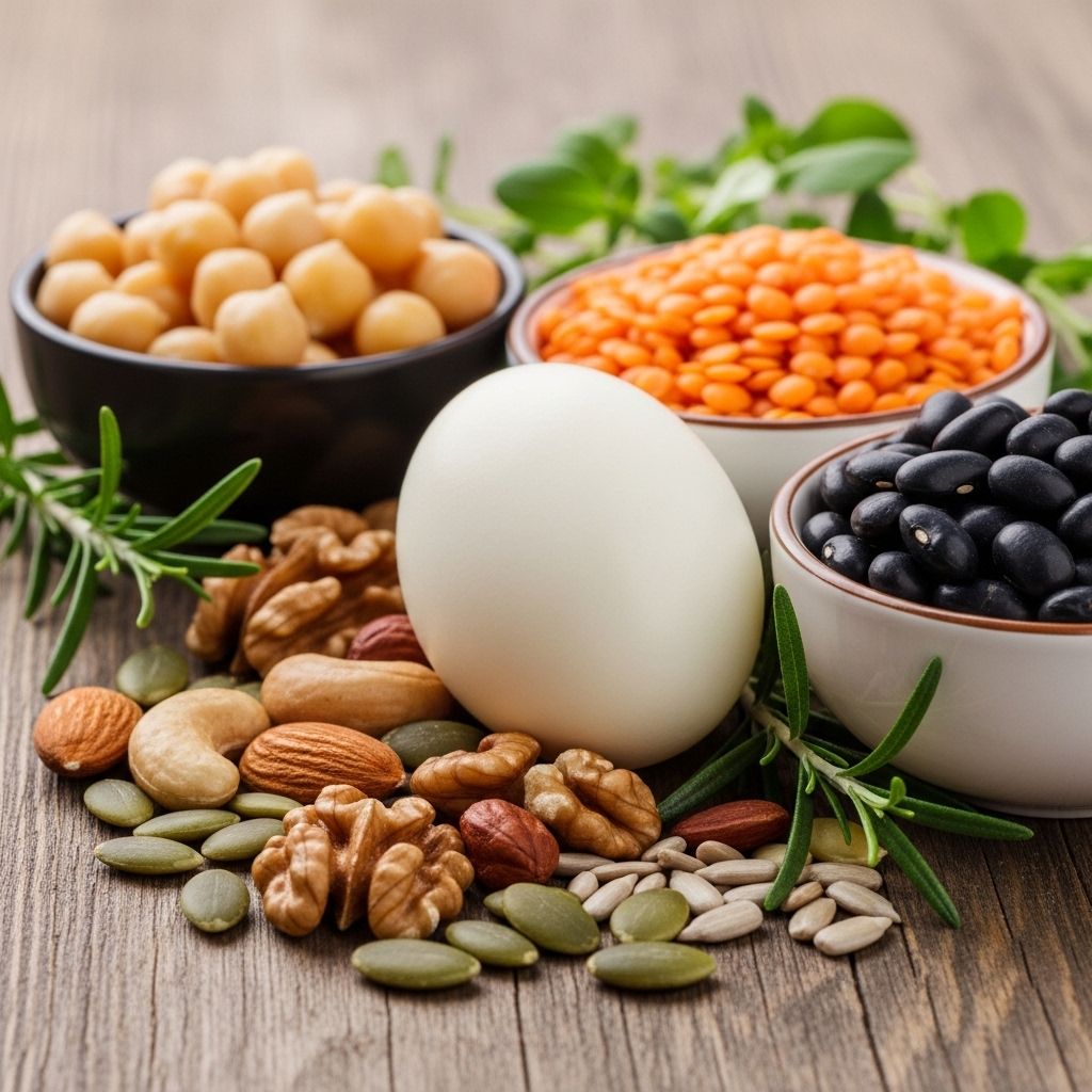 Urval av proteinrika livsmedel: kokt ägg, baljväxter i skålar, nötter och frön på ett rustikt träunderlag med gröna örter